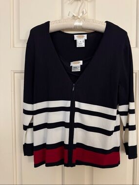 Classic Striped Zip-Front Women’s Sweater Set- Navy White & Red